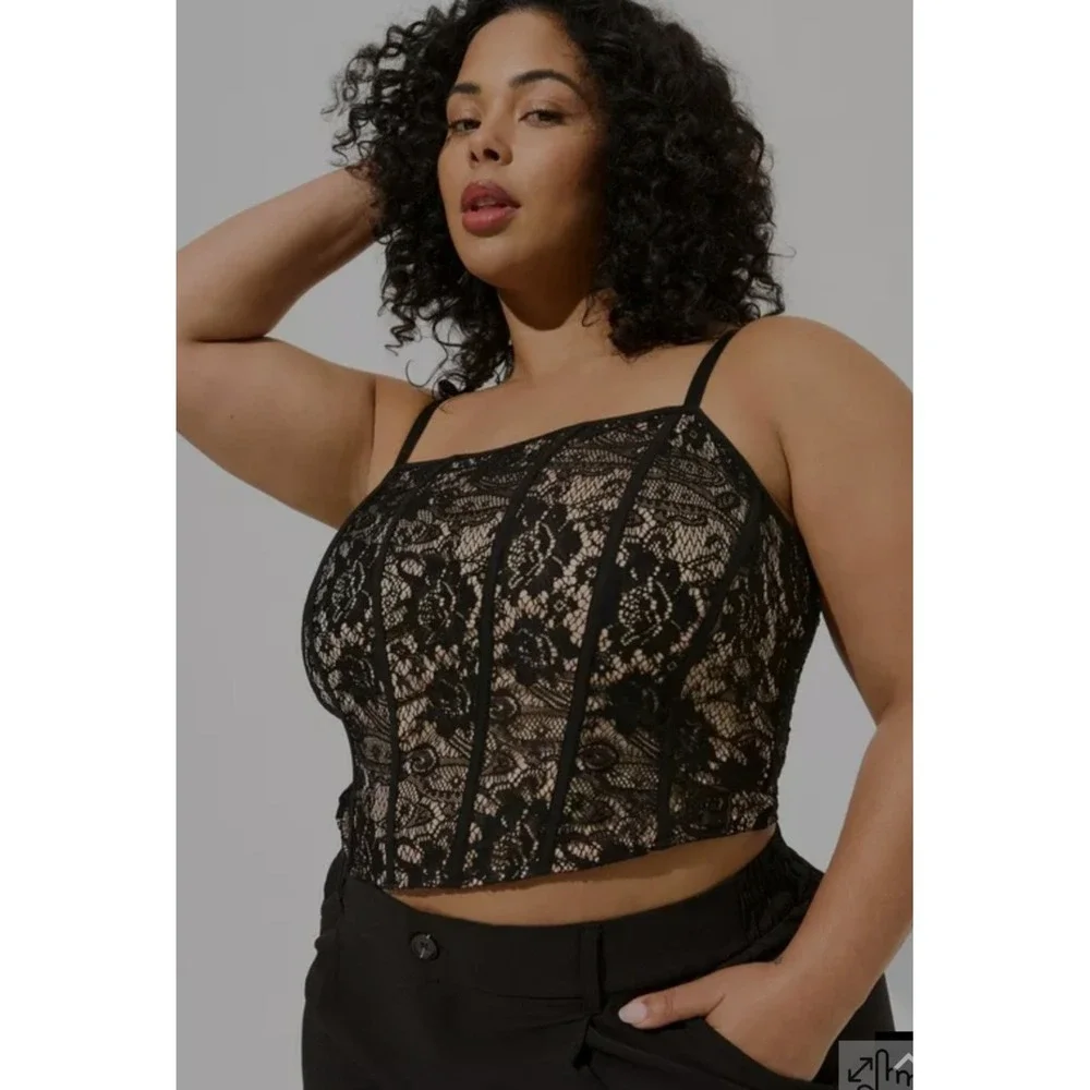 Torrid Black Lace Corset Crop Top Beige Lining Smocked Back‎ New With Tags 2/2X